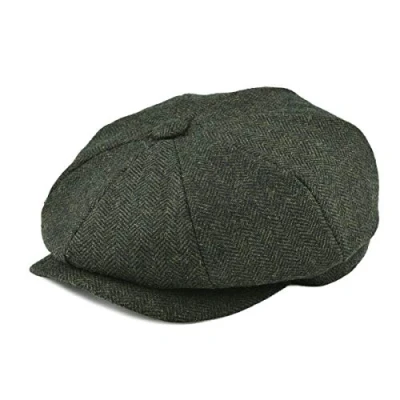 Image of BOTVELA Men&#039;s 8 Piece Wool Blend Newsboy Flat Cap Herringbone Pattern Tweed Hat (Green, 7 5/8)