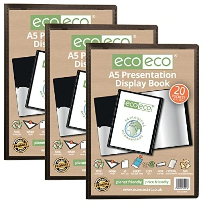Image of eco A5 Size 50% Recycled 20 Pocket Black Presentation Display Book, Storage Case Portfolio Art Folder with Plastic Sleeves, eco001x3, (Pack of 3 Books)