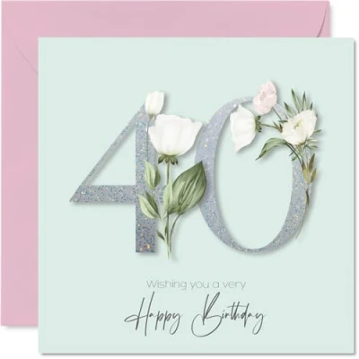 Image of 40th Birthday Cards for Women Fancy Floral Flowers Happy Card 40 Year Old Woman Wife Auntie Colleague Daughter, 145mm Bday Greeting