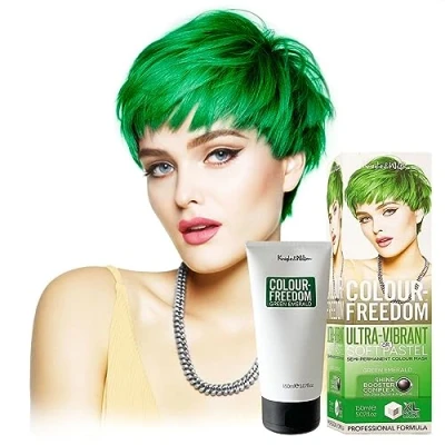 Image of Knight &amp; Wilson Colour Freedom Green Emerald Semi Permanent Hair Ultra Vibrant Vegan Mask with Shine Booster Complex Ammonia Free lasts Up To 6 10 Washes, 150ml,Packaging may vary