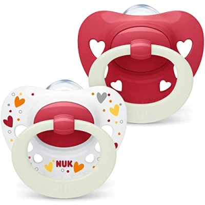 Image of NUK Signature Night Baby Dummy 0 6 Months Soothes 95% of Babies Heart Shaped BPA Free Silicone Soothers Glow in The Dark Includes Case Red Hearts 2 Count