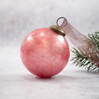 Image of Arthur Cameron Crackle Glass Christmas Tree Bauble Hanging Ball Decoration (3&quot;, Peach)