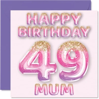 Image of 49th Birthday Card for Mum Pink &amp; Purple Glitter Balloons Happy Cards 49 Year Old Mother from Son Daughter, 145mm x Bday Greeting Gift