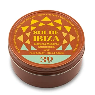 Image of Sol de Ibiza Plastic Free Face &amp; Body Natural Mineral Sunscreen SPF50 Waterless Solid ingredients Non Nano zinc oxide Vegan Sports Adults Kids 100g