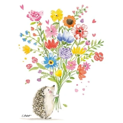 Image of PPD 20 Napkins Animal Motifs Hedgehog with Bouquet as Table Decoration Paper Motif Also for Decoupage and 33 x cm