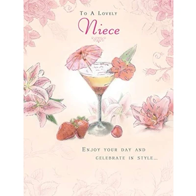 Image of Piccadilly Greetings GLITTER COATED COCKTAIL &amp; STRAWBERRIES TO A LOVELY NIECE BIRTHDAY GREETING CARD