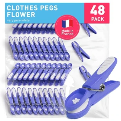 Image of culiclean Clothes Pegs for Washing Line Strong Soft Grip 48 pcs &quot;Flower&quot; very peri white Non Slip Heavy Duty Large Plastic Laundry Peg Secure Rubber Mark Free
