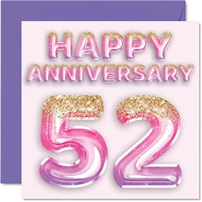 Image of Pretty 52nd Anniversary Card for Wife Girlfriend Husband Boyfriend Pink Purple Glitter Balloons Happy 52 Cards from Family, 145mm x Greeting Fifty Second Anniversaries