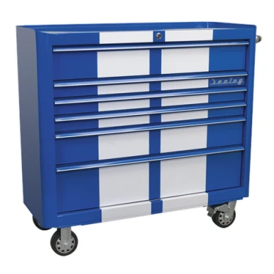 Image of Sealey Premier Rollcab 6 Drawer Wide Retro Style Blue with White Stripes