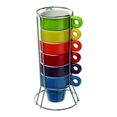 Image of Paxanpax PSA462 Stackable Set of 6 Espresso Coffee Ceramic Mugs &amp; Stand, Multiple