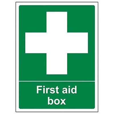 Image of V Safety First Aid Box Sign Portrait 100mm x 150mm 2mm Rigid Plastic, 31004AG R2