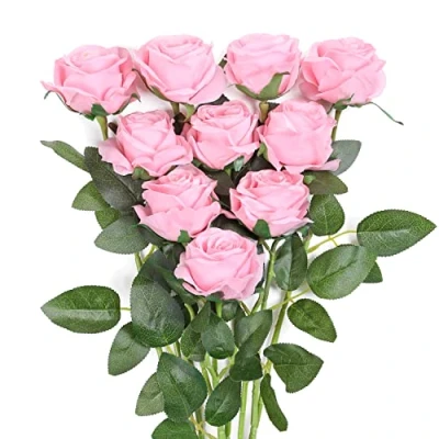Image of JUSTOYOU Rose Artificial Pink Flower,Single Stem Silk Flowers Bouquet for Home Office Wedding Arrangements Pink(10 PCS，Pink)
