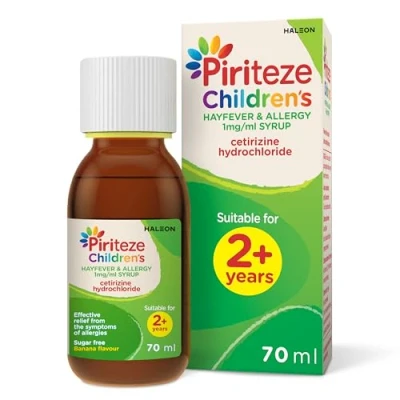 Image of Piriteze Children’s Hayfever &amp; Allergy Syrup. Sugar Free, Banana Flavour Syrup containing cetirizine (antihistamine), 2 Years+, 70ml Packaging May Vary