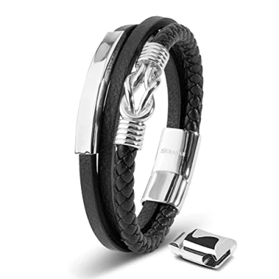 Image of SERASAR Men&#039;s Silver Leather Bracelet 20cm Gift Idea Box Genuine Braided Cowhide Adjustable Multi Layer Magnetic Clasp Rope Wrap