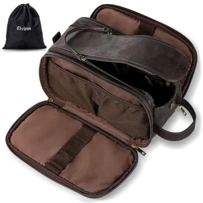 Image of Water Resistant Leather Toiletry Bag for Men, Women Large Travel Wash Shaving Dopp Kit Bathroom Gym Toiletries Makeup Organizer with Wet Dry (Dark Grey)