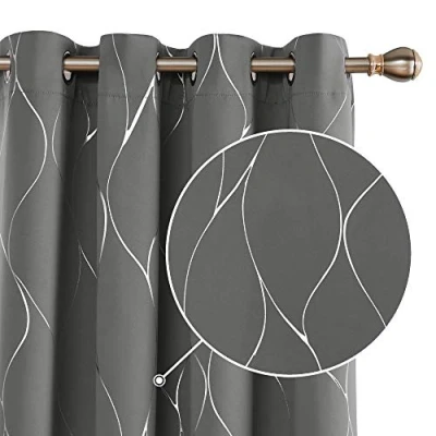 Image of Deconovo Thermal Insulated Curtains Blackout Silver Wave Line Foil Printed Eyelet for Bedroom Light Grey W55 x L95 One Pair
