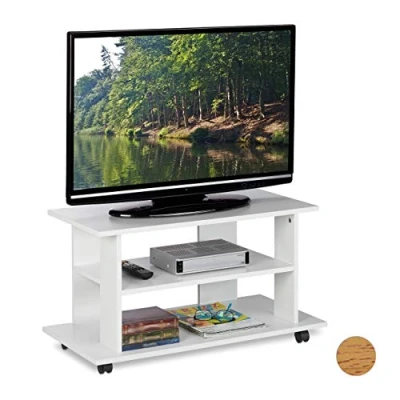 Image of Relaxdays TV Stand on Castors, 2 Compartments, Console &amp; Receiver Stand, Mobile Table HWD 45x80x40 cm, White