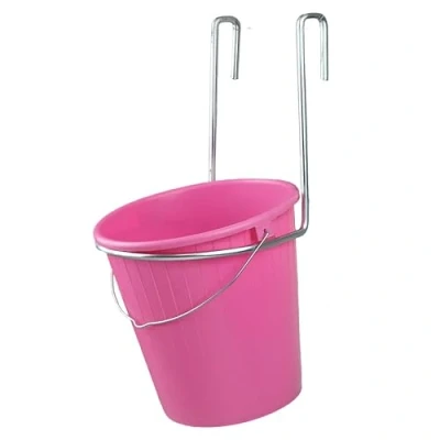Image of 5L Double Bucket Holder Feeder Hanger Trough Water Equine Livestock Sheep Calves Galvanised Frame Hoof Proof Buckets Tubs (Single (Pink))