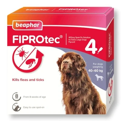Image of Beaphar FIPROtec Spot On for Extra Large Dogs (4060kg) Kills Fleas &amp; Ticks Vet Strength Treatment 4 Pipettes