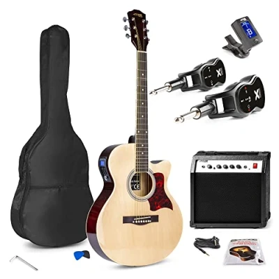 Image of MAX Showkit Wireless Electric Acoustic Guitar Kit Natural Beginner &amp; Starter with Premium Features, Ideal for New Players Music Enthusiasts
