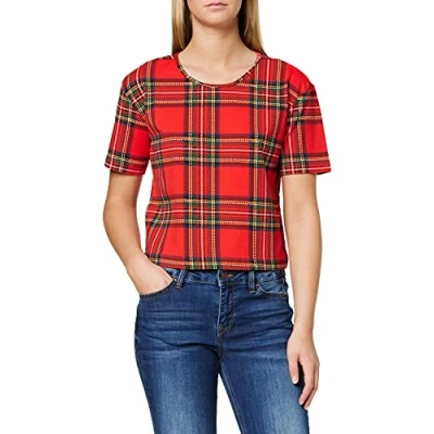 Image of Urban Classics Women&#039;s T shirt Ladies All over print Tartan Oberteil Short Oversized Tee Shirt, Red (Red/Blk 00200), XS UK