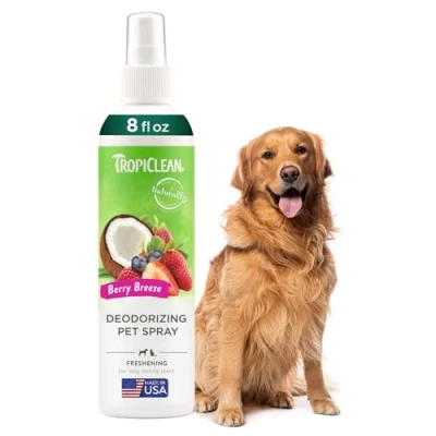Image of TropiClean Dog Perfume Spray Grooming Supplies Deodorant for Smelly Dogs Cologne Breaks Down Odours and Deodorises Cats Used by Groomers Berry Breeze, 236ml