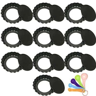 Image of New Brand 10 pcs 4 inch Mini Quiche Tart Tins Round Individual Pie Dish for Baking Pans with Removable Loose Bottom Base Non Stick Fluted Kitchen Bakeware Trays Pastry Flan Dishes Black