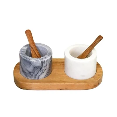 Image of Marble Salt and Pepper Pots On Acacia Wood Tray Grey White Smooth Stone Serving