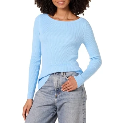 Image of Amazon Essentials Women&#039;s Lightweight Ribbed Long Sleeve Boat Neck Slim Fit Jumper, Sky Blue, XL