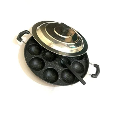 Image of 12 Pits Nonstick Appam Patra Side Handle with Lid Paniyarakkal Paniyaram Pan Maker Pancake Aebleskiver Stainless Steel