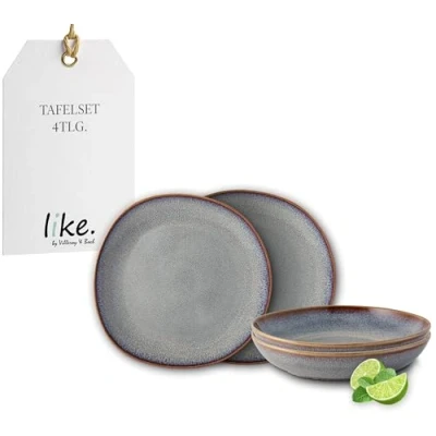 Image of like. by Villeroy &amp; Boch Lave earthenware tableware set, 4 pces., pottery look, dinnerware for 2 people, beige