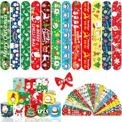 Image of Acuiwer Christmas Slap Bracelet 48 PCS Wrist Bands Bulk for Kids Party Bag Fillers Supplies Flavors Gift Girls Boys Birthday (Xmas 48pcs)