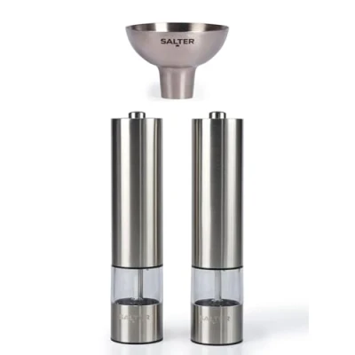 Image of Salter COMBO 9684 Electric Salt &amp; Pepper Grinder Set Stainless Steel Mills Funnel, Push Button Operation, Battery Powered, Ceramic Mechanism, Adjustable Fine to Coarse Grind, Easy Refill