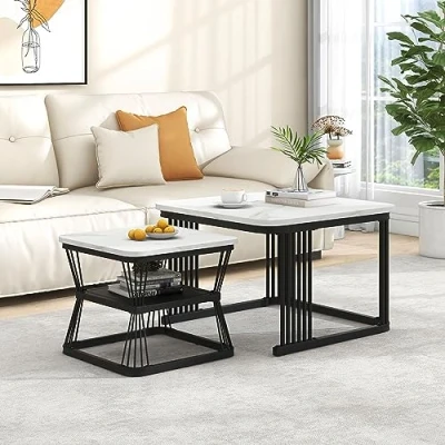 Image of ModernLuxe 2 in 1 Coffee Table, Square Nest of Tables, Multi functional Side Table with Black Metal Frame Legs and Marble Pattern White Top, Nesting Tables for Living Room Bedroom