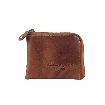 Image of Hudson &amp; James Designer London Real Leather Small Zippered Mens Women Wallet Slim Credit Carder Holder Purse with Gift Box (Distressed Crunch Tan)