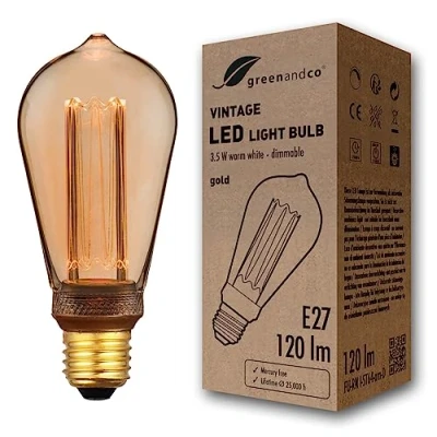Image of greenandco Dimmable Vintage Design LED Bulb for Mood Lighting E27 ST64 Amber 3.5W 120lm 1800K Extra Warm White 320 230V Flicker Free Edison