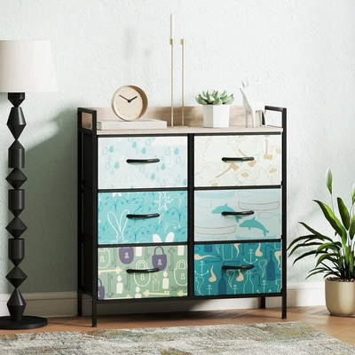 Image of HOMCOM Bedroom Chest of Drawers, Fabric Dresser with 6 Open Shelf and Steel Frame for Living Room, Hallway, Blue