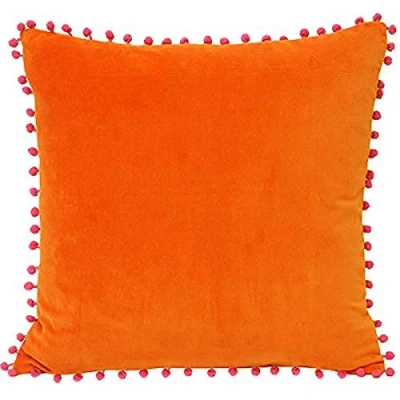 Image of Riva Paoletti Polyester Filled Cushion Faux Velvet Fabric Contrasting Fuchsia Pink Pompom Edges Hidden Zip Closure 100% Soft (18&quot; x 18&quot; inches), Cotton, Orange, 45 45cm
