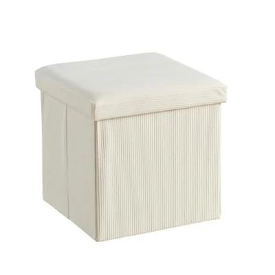 Image of Home Source Folding Ottoman, Corduroy Fabric Storage Square Box, Cream