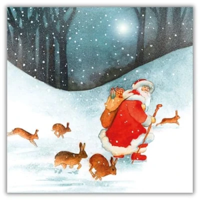 Image of Museums &amp; Galleries Pack of 8 Artistic Charity Christmas Cards Father Hares Lovely Illustration a Winter Woodland Scene by Ray Shuell 1 Design, 123 x 123mm