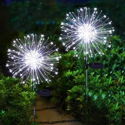 Image of yowin Solar Garden Firework Lights 2 Pack 120 LED Christmas Decorations, Firefly Stake 8 Modes Allium Lights, Outdoor Waterproof Starburst for Xmas Pathway White