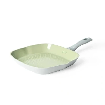Image of Salter BW09287 Earth 28cm Grill Pan Healthy Ceramic Non Stick Coating Griddle, PFAS Free Induction Cookware, Aluminium Steak Cooking Pan, Easy Clean, PFOA/PTFE Free, Stay Cool Handle, Green/Grey
