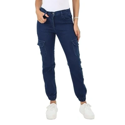 Image of MYT Womens Side Elasticed Waist Jeans Ladies Cargo Self Cuffed Regular Fit Denim Trousers Dark Stonewash 24