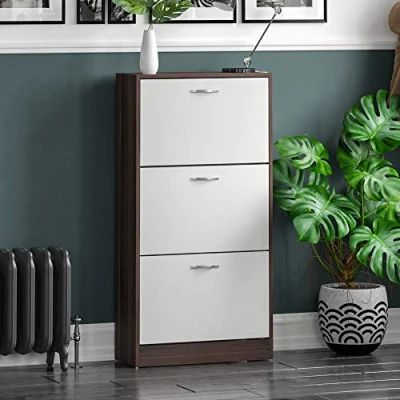 Image of Vida Designs 3 Drawer Shoe Cabinet Cupboard Storage Organiser Pull Down Wooden Furniture Unit (Walnut and White)