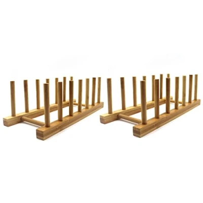 Image of INNERNEED Bamboo Wooden Plate Racks Dish Stand Holder Kitchen Storage Cabinet Organizer for Dish/Plate/Bowl/Cup/Pot Lid/Cutting Board (Pack of 2)