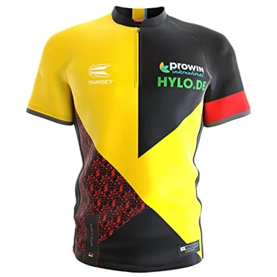 Image of Target Darts Unisex&#039;s Coolplay Collarless Gabriel &#039;German Giant&#039; Clemens 2022 Version Pro Shirt, Black, Red and Yellow, XL