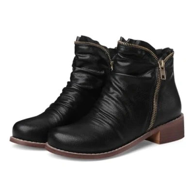 Image of Women&#039;s Low Chunky Heel Booties,Comfy Round Toe Side Zipper Winter Ankle Boots,Vintage Leather Casual Dressy Shoes,Black,8 UK