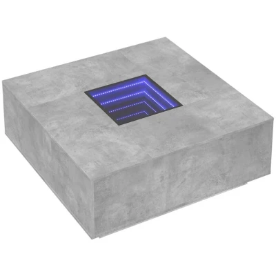 Image of vidaXL Coffee Table with RGB LED Lights Modern Concrete Grey Infinity Mirror Side/Couch Engineered Wood/Glass, 100x100x40 cm, Multiple Indoor Applications