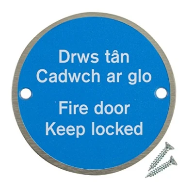 Image of Fire Door Guru® Welsh Keep Locked Sign 76mm Disc Stainless Steel Bi Lingual Safety Fixings Included