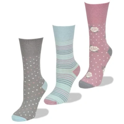 Image of Womens socks, Soft cuff, 3 Pairs of Pastel patterned 4 8 UK, 37 42 EU, Light Hold honeycomb top, ideal elastic free Diabetic Socks
